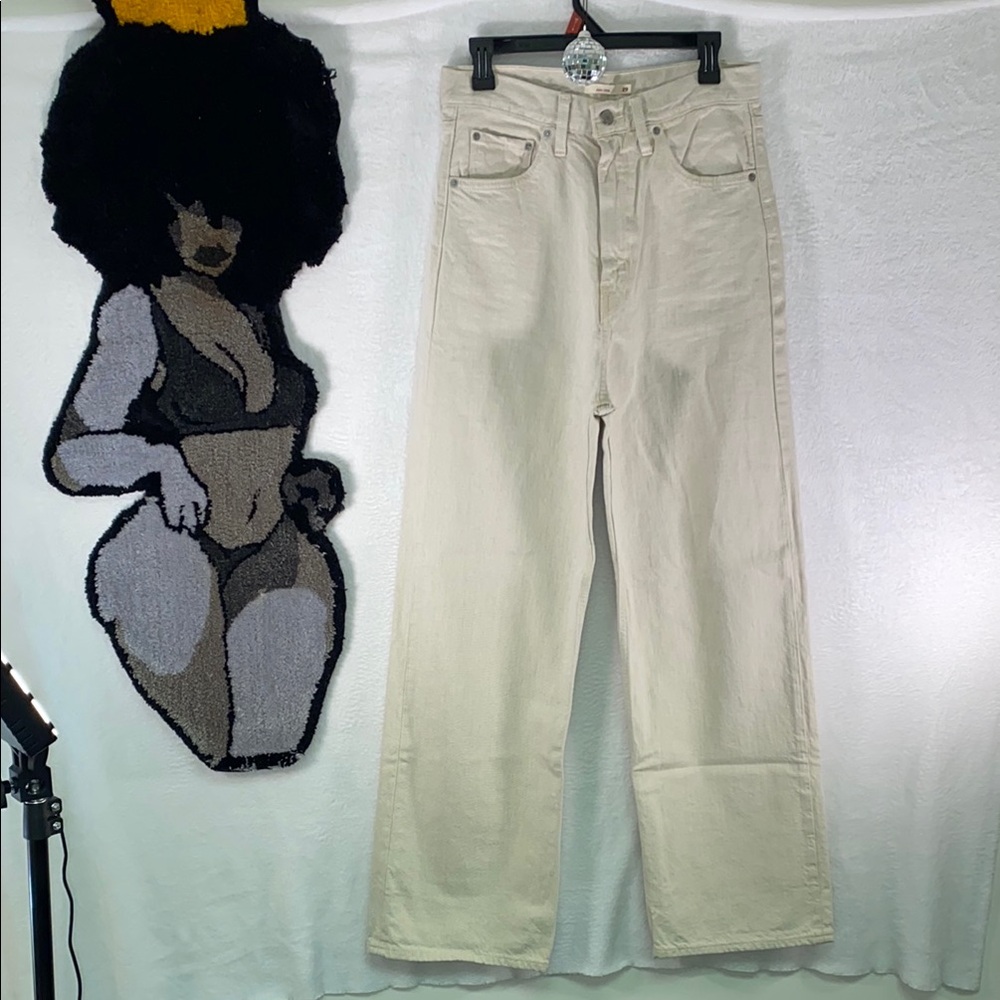 Cream Flare Wide Leg Jeans High Waisted